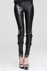 Pantalons pour femmes en cuir noir punk avec découpes, lacets et boucles
